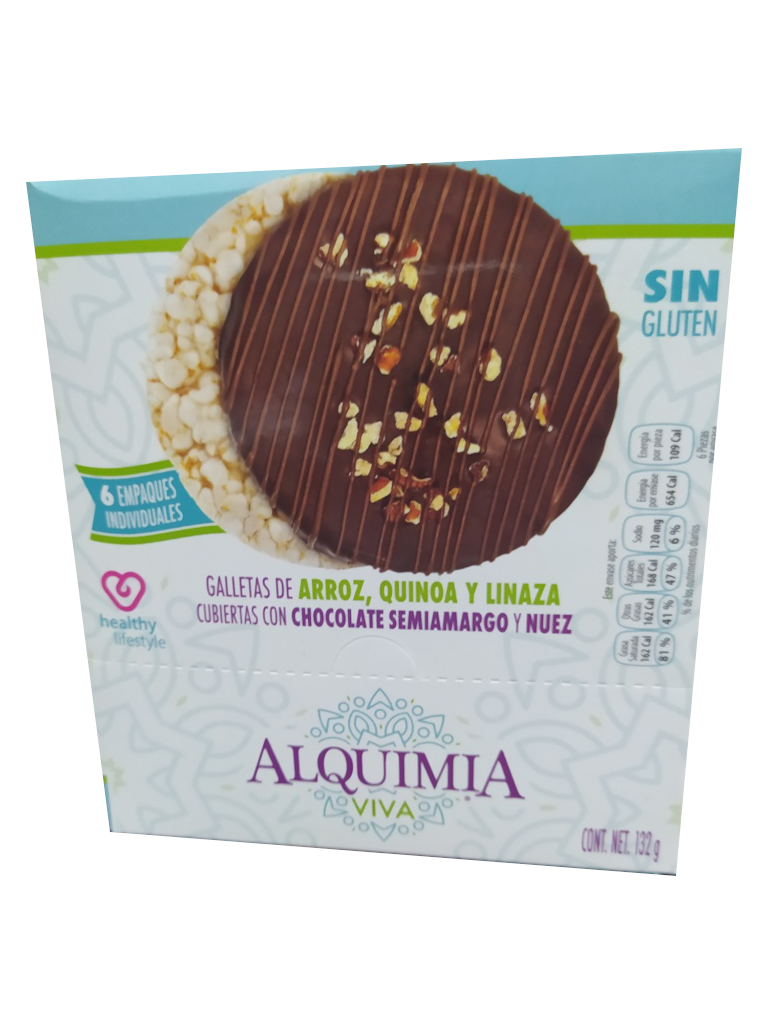 galletas de arroz, quinoa y linaza cubiertas con chocolate semiamargo y nuez paquete