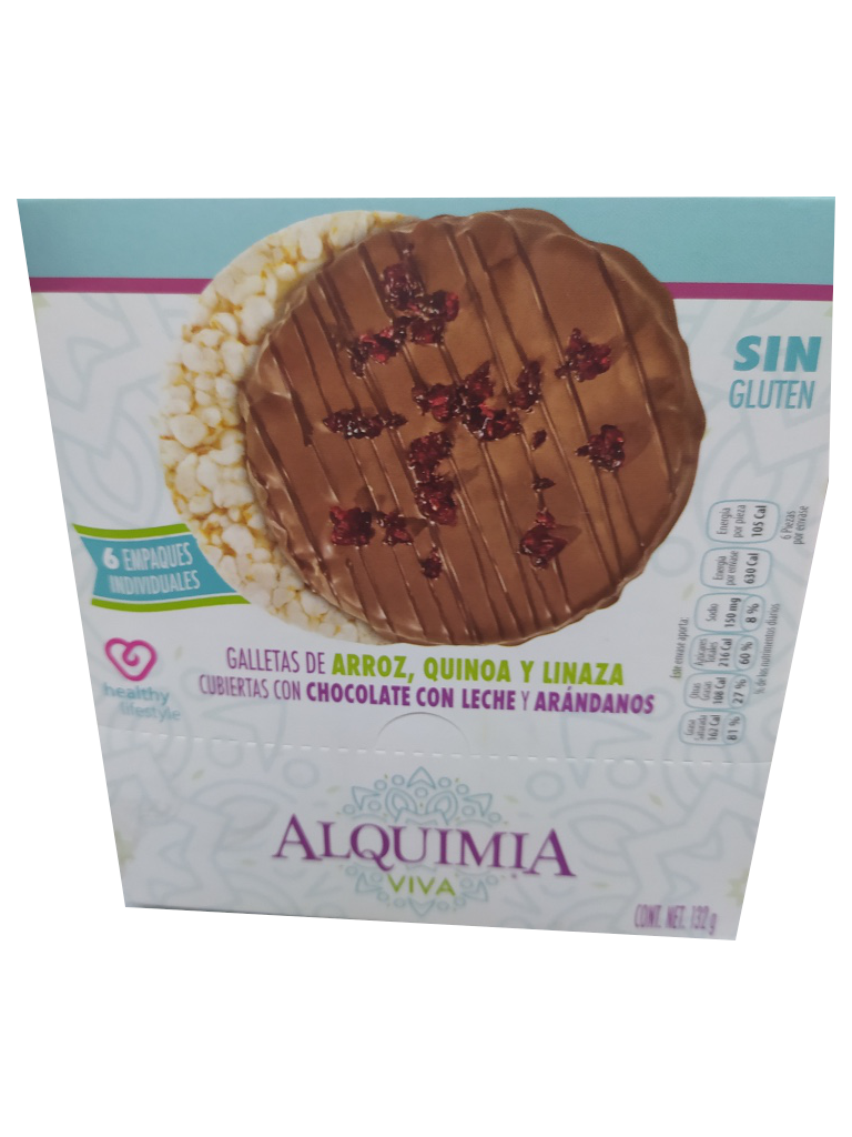 galletas de arroz, quinoa y linaza cubiertas de chocolate con leche y arandanos paquete