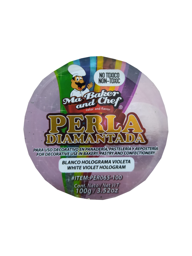 perla diamantada para reposteria blanco holograma violeta frasco 100gr
